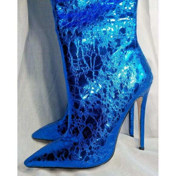 Metallic Blue Mirror Boots Over-the-knee High Heel Boots with Back Zipper 38 7.5 - Picture 7 of 10